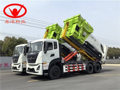 東風(fēng)天龍勾臂車、18方移動(dòng)壓縮垃圾站出發(fā)東莞