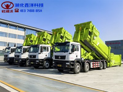 重汽汕德卡前四后八勾臂車&25方移動(dòng)聯(lián)體壓縮箱批量出貨